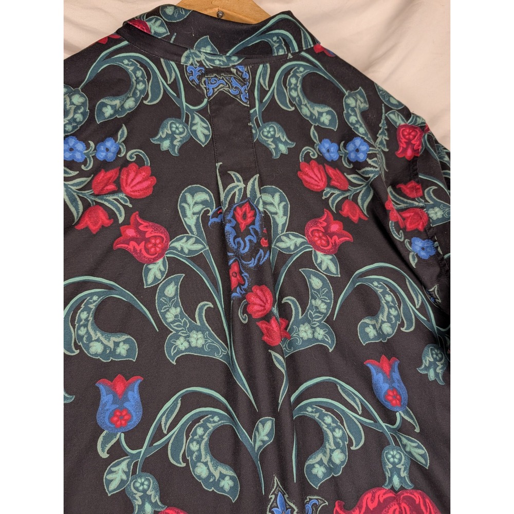 Chicos Floral Damask Button Up Shirt Black Red Blue Cotton Stretch Size 2.5 L